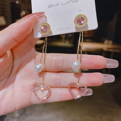 New Korean Purple Peach Heart Simulation Pearl Tassel Statement Earrings Temperament Long Earrings Women Oorbellen Pendientes