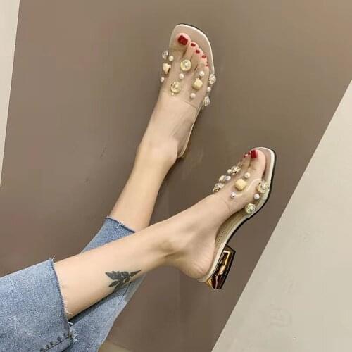 Womens Summer Slippers Wear fashion Thick Heel Low Heel One Word Fashion Cool Slippers New Transparent Slippers Big Size 35-40