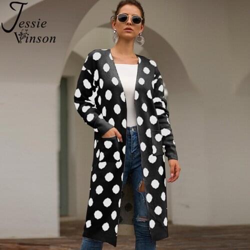 Jessie Vinson Long Sleeve V-neck Polka Dot Long Cardigan Sweater Women Open Front Warm Long Knitted Cardigan Winter Outwear