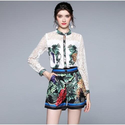 2021 Summer Runway Women 2 Piece Set Elegant Grape Print Patchwork Lace Long Sleeve Shirts Top + Pocket Shorts Sets