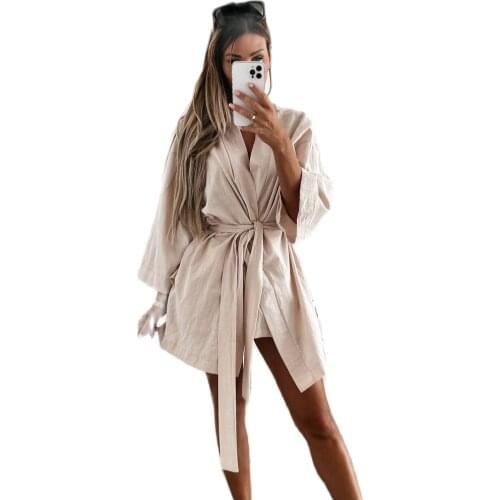 2021 Summer Solid Color Loose Long Sleeve Tie Band Loose Shirt Dress High Quality Fashion Dress