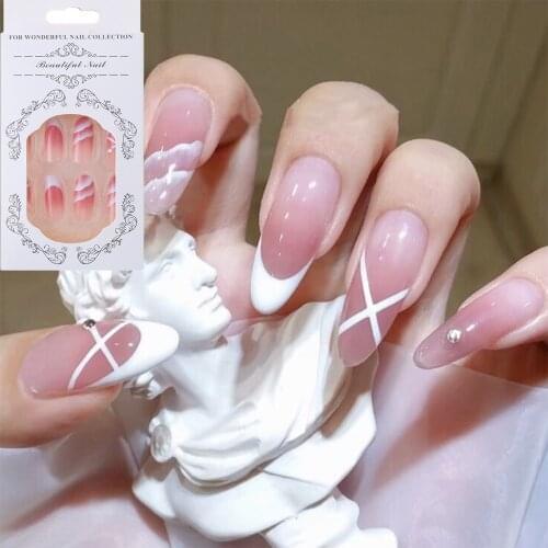 24Pcs French False Nails Oval Head Long Ballerina Wearable Press on Fake Nails Full Cover Artificial Nail Tips with Glue