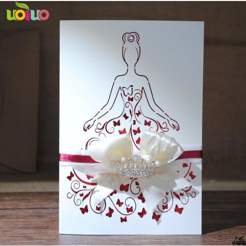 Free shipping 50set inc37 Laser Cut Wedding Invitations Elegant Wedding Invitation Ribbon girl pricess birthday Invitation Cards