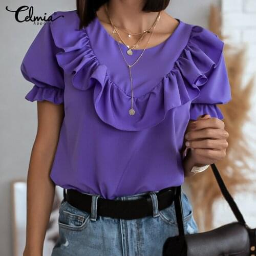 Celmia Blouse Fashion 2021 Women Elegant Ruffled Short Sleeve Tops Summer Casual Office Lady Solid Tunic Plus Size O-Neck Blusas