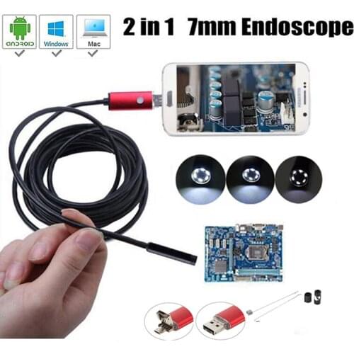 USB Mini Endoscope Camera 7mm 2m Flexible Hard Cable Snake Borescope Inspection Camera for Android Smartphone PC