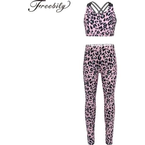 Kids Yoga sets Gymnastics Dancewear Leopard Print Gym Fitness Sport outfits Kids Girls Sleeveless Crop Top Sports Leggins Pants