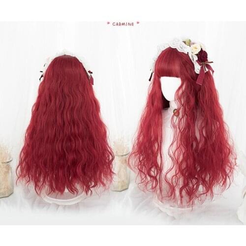 LM Red Wigs For Women Wavy False Hair Synthetic Hair Wigs With Neat Bangs Womens Long Natural Wigs Lolita Cosplay Wig