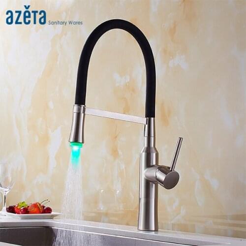 Azeta Pull Down Kitchen Faucet Brushed Nickel Brass Kitchen LED Faucet With Black Rubber Design Kitchen Sink Mixer Tap AT9408LD