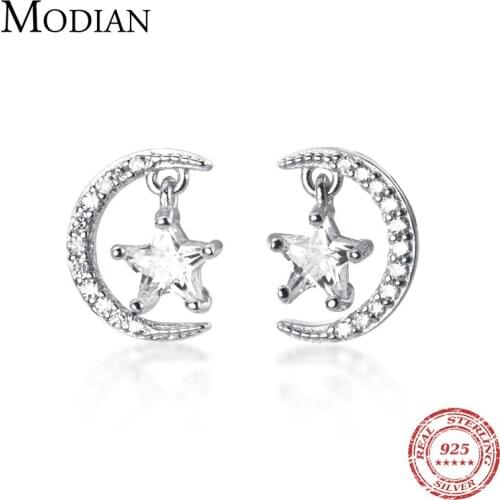 MODIAN Twinkle Clear CZ Star Crescent Stud Earring for Women 925 Sterling Silver Fashion Engagement Fine Jewelry Accessories