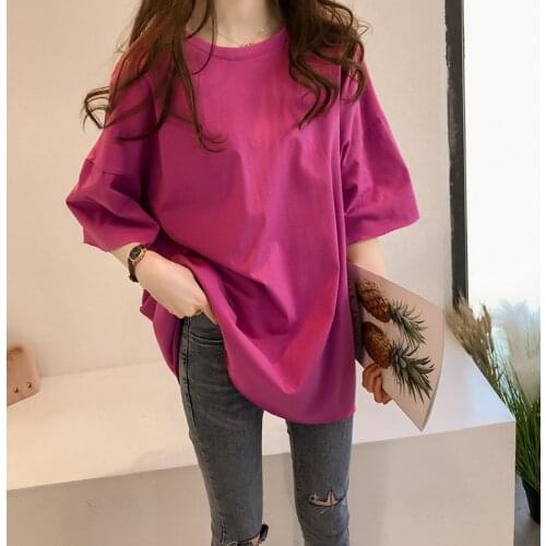 Fashion Cute Loose Candy Color Woman T shirts Summer Casual Half Sleeve Solid Long Tops Tee O-neck Slim Korean Style Streetwear