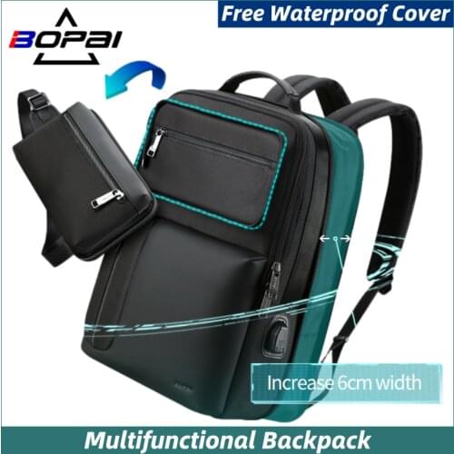 BOPAI 2021 Mens Business Backpack Fashion Black 2 in 1 Detachable USB Charging Laptop Bag Anti-theft Free Waterproof Cover
