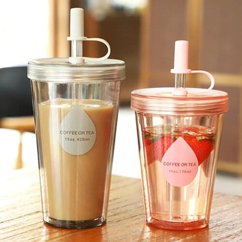 Summer Drink Milk Tea Straw Cup Clear with Cover Thermal Shielded Coffee Cup Double-Layer Plastic Cups