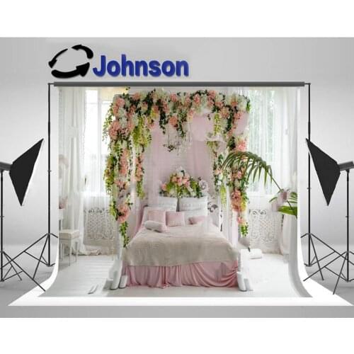 Canopy Honeymoon Bed Luxurious Wood Bed Flowers Bedroom Pink backdrop Computer print children kids background
