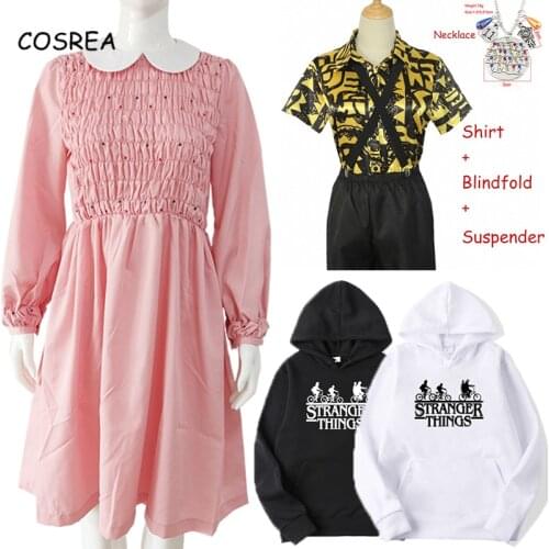 Stranger Things 3 Cosplay Eleven Pink Dress Superpower Girl Costume Navy Collar Sweet Mid Dress Pleated Skirt Girls Blouse Women
