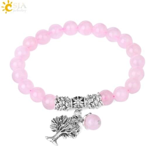 CSJA Reiki Pink Quartz Diffuser Bracelet Natural Crystal Gem Stone Mala Beads Tree of Life Charms Meditation Ethnic Jewelry E723