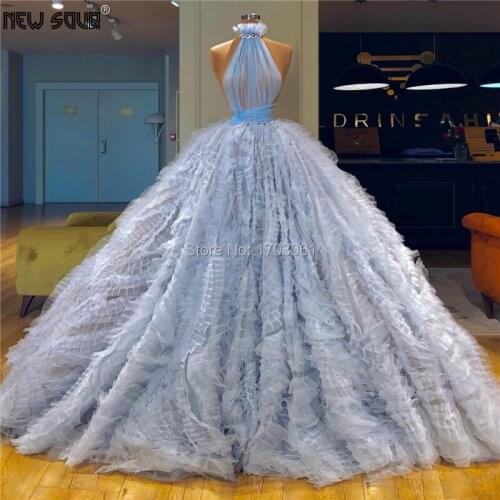 Blue Halter Formal Evening Dresses Robe De Soiree Puffy Ball Gowns Prom Dress For Dubai Arabic 2019 Couture Islamic Party Gowns