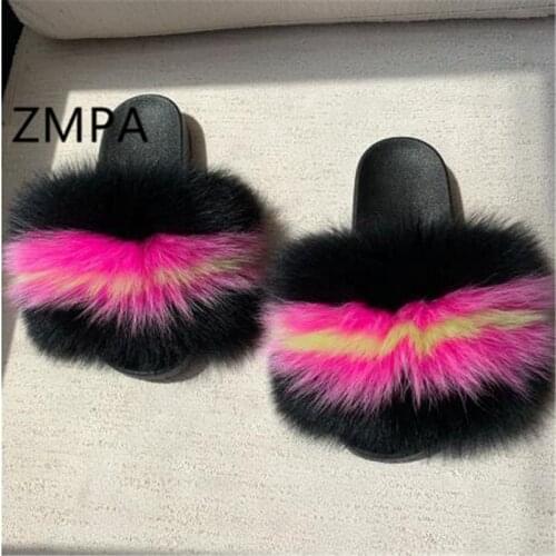Womans Summer Fox Fur Slippers Childrens/Kids Cute Plush Fox Hair Fur Shoes Women Fluffy Furry Sandals Fur Slides Flip Flops