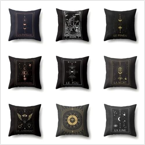 Tarot Black Cushion Cover Home Decor Sun and Moon Mysterious Throw Pillow Covers for Sofa Bedroom Decorative Pillowcase 45x45cm