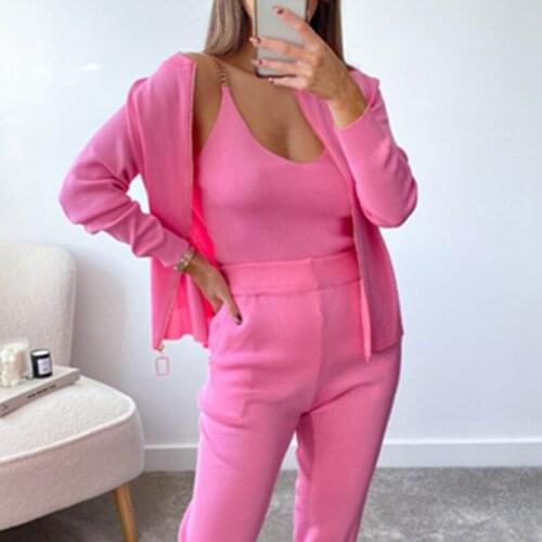 Knitting 3 Piece Set Women Set Outfits Suit Fashion Knitted Lounge Sets Vest Top Jogger Cardigan Home Wear Womens Clothes 2021