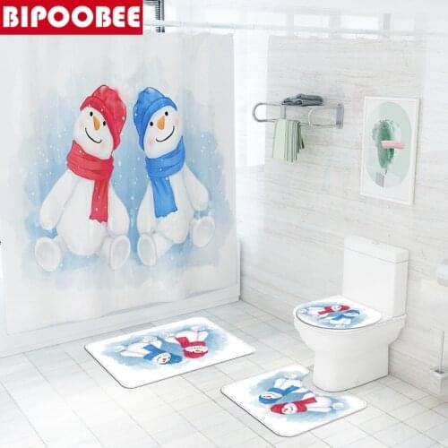 Snowman Brothers Printed Bathroom Curtain Christmas Shower Curtains Set Bath Mats Rugs Toilet Lid Cover Non-slip Carpet