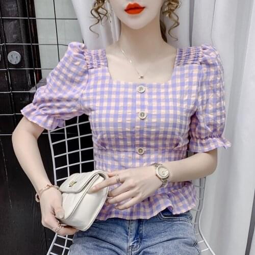 Women Blouses Summer 2021 New Plaid Shirt Design Feeling hubble-bubble Sleeve Female Short Sleeves Harajuku Female New SZH800527