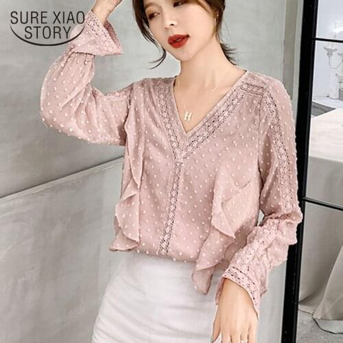 Womens tops and blouses blusa feminina blouses woman 2019 ladies tops pink chiffon V-Neck Ruffles Office Lady shirt 6690 50