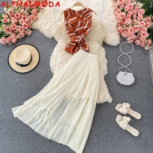 ALPHALMODA New Printed Summer Chiffon Top Belted High Waist Irregulelar Skirt Women Summer 2pcs Fashion Suit