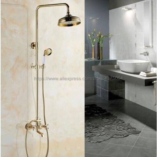 Gold Color Brass Wall Mounted 8" Rainfall Shower Mixer Set Double Handles Bath Shower Faucet Swivel Tub Spout Ngf351