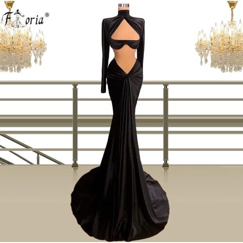 Arabic Evening Dresses with Long Sleeves High Neck Hollow Out Sexy Mermaid Prom Gown Black Celebrity Dress 2021 Vestido De Festa