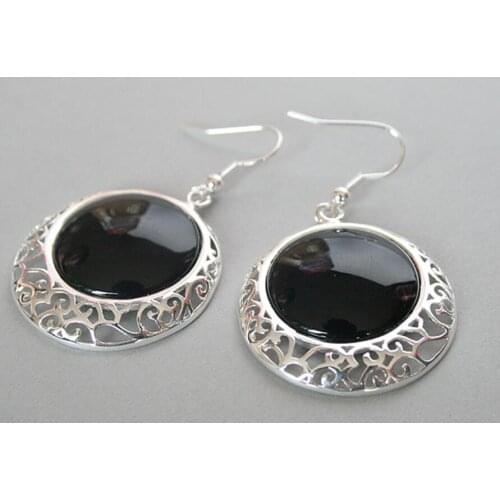Free Shipping 925 Sterling Silver Hook Natural Black stone Onyx Coin Beads Earrings 2"
