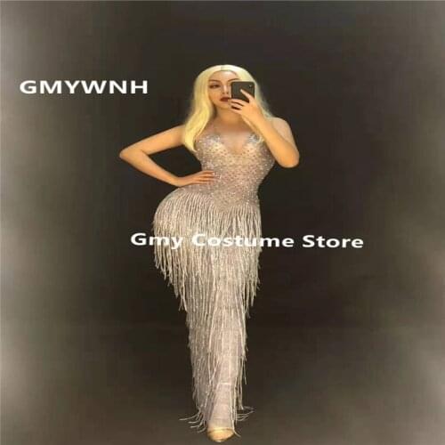 D31 Ballroom dance singer performance tassel long dresses party show catwalk wears clothe Flashing Rhinestones long skirt bar dj