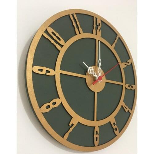 North Designed Mildew Green Gold Circle Decorative Wall Clock 30 Cm