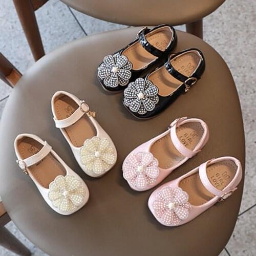 Kids Casual Shoes Girl Pearl Flowers Sweet Cute School Shoes 2021 Autumn New Girls Princess Shoes Soft Bottom Flats Paint Hot