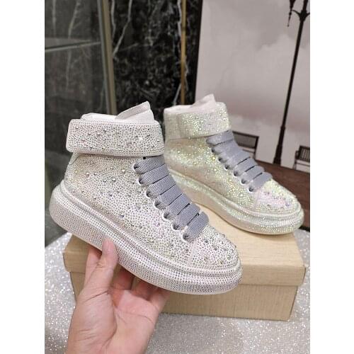 European Station Water Diamond High Top Shoes Women Fur One Body 2020 New Autumn And Winter Versatile Thick Soled Cotton Shoes P