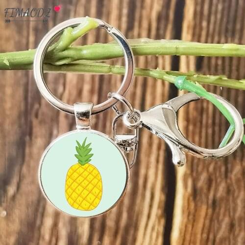 FIMAODZ Cartoon Yellow Pineapple Keychain Strawberry Lemon Banana Blueberry Cherry Art Photo Metal Key Chain Women Fruit Keyring