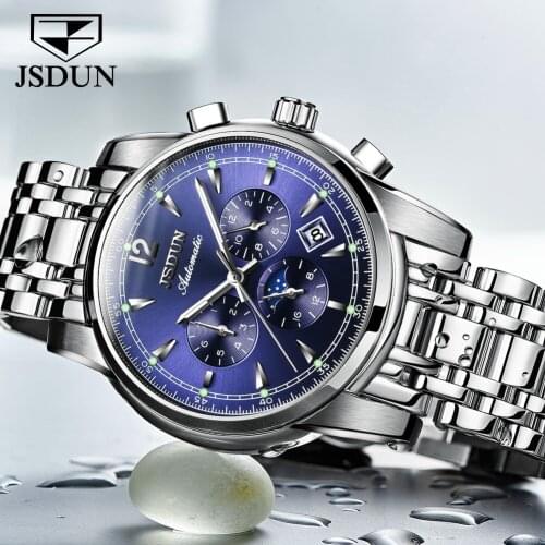 JSDUN 2021 Brand Mens Automatic Mechanical Multi-Function Watch Moon Phase Stainless Steel Waterproof Mens Business Watch 8750