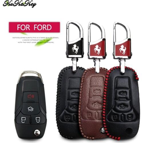 Leather Car Key Case Cover For Ford Fiesta MK7 MK8 ST Focus 2 3 Mustang Mondeo MK4 MK5 Explorer C Max Kuga Key Chain Accessories