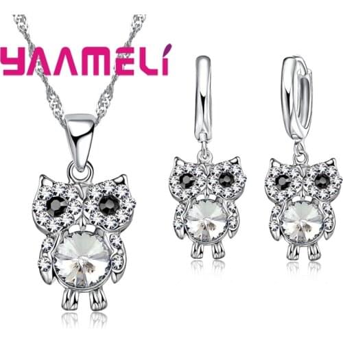 Beautiful New Arrival Fashion Owl Jewelry Sets 925 Sterling Silver Beautiful CZ AAA Crystal Necklace Earrings for Wedding Party