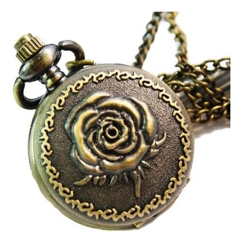 SMALL POCKET WATCH Women Open ROSE Relief chain Bronze necklace watch Fashion Jewelry Geneva Vintage Style