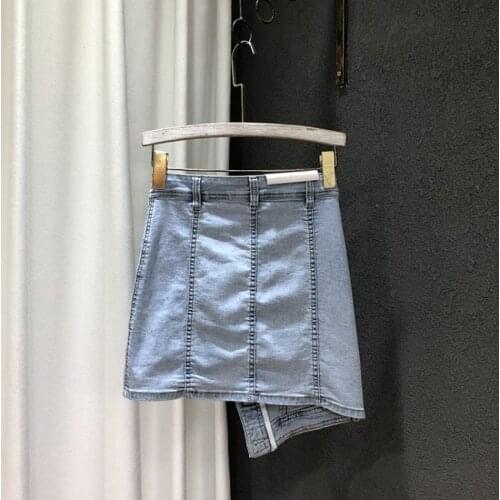 Fashion Ladies Sexy Asymmetrical Mini Skirt High Waist Buttons A-Line Denim Skirts Women Casual Pockets Slim Fit Irregular Skirt