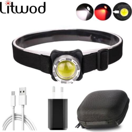 White red light powerful headlight USB rechargeable headlight COB LED headlight built-in battery waterproof camping headlight