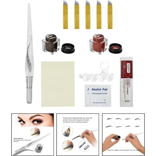Eyebrow Permanent Tattoo Kit Pen Needle Pigment Ink Practise Skin Tool Ring Cup