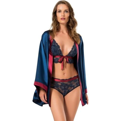 NUNELL Women Navy Blue Pcs set Bralet Dressing Gown Suit new collection 2021 triple set