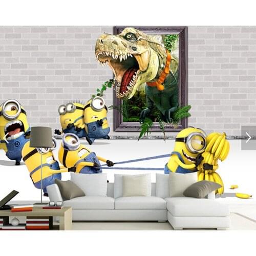 Custom animation Wallcoverings, yellow man & dinosaur cartoon mural for the childrens room living room bedroom background wall