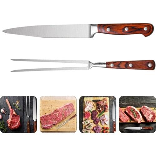 Portable Outdoor Barbecue Tool Wooden Handle Barbecue Fork Stainless Steel Food Fork and Cutter Meat Fork Barbecue Tool Supplies