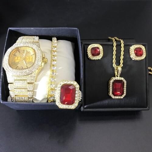 Luxury Men Gold Diamond Watch Men Watch &Necklace & Braclete & Earrings & Ring Combo Set Ice Out Cuban Jewerly Hip Hop For Men