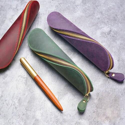 Hand made pen bag concise genuine Crazy Horse leather mini pencil pens case holder student traveler school office supplies