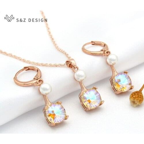 S&Z DESIGN New Elegant Square Crystal Dangle Earrings Jewelry Sets For Women Party Fashion Simulated-pearl Pendant Necklace