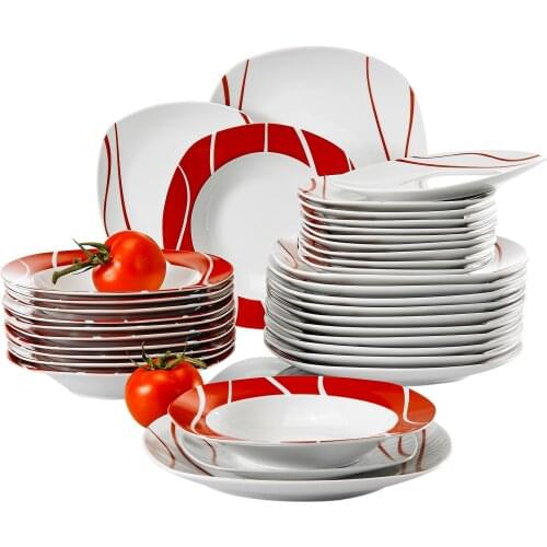 Series Felisa 36 Piece Red Stripes Ivory White Porcelain Dinner Set with 12 Piece Dessert Soup Dinner Plate Service Set