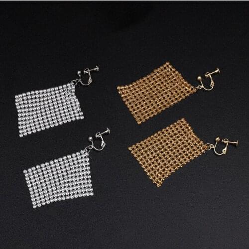 Mesh Metal Earrings Long Dangle Clip On Earring Color Drop Women Clips Earing No Piercing Designer Statement Jewelry